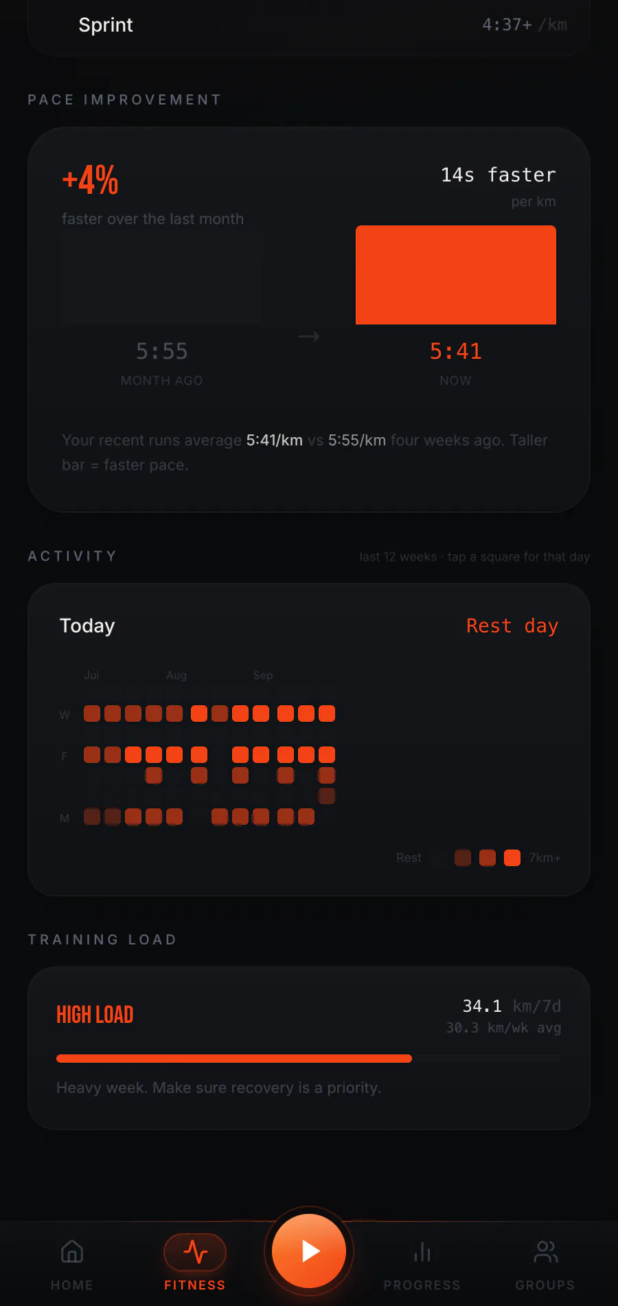Raptor Run Training tab showing training load and pace zones from demo runs