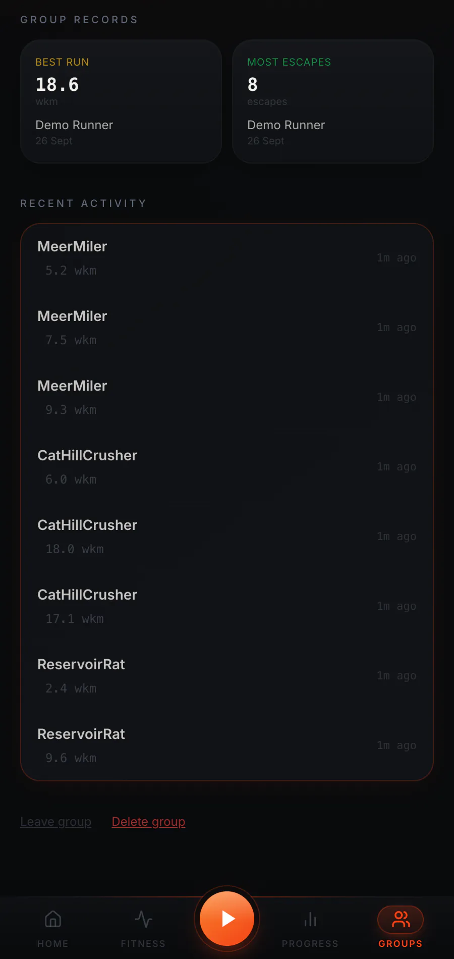 Raptor Run group records from a simulated demo group