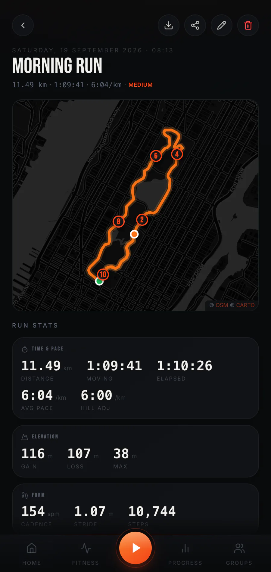 Raptor Run run detail screen with recorded route and headline statistics